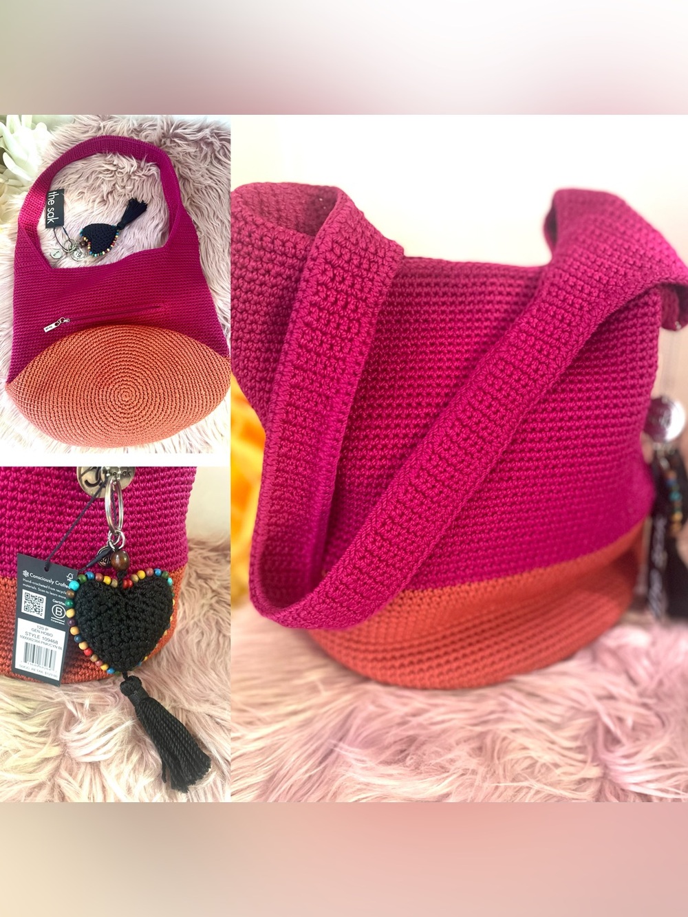THE SAK Handmade Crochet Shoulder Bag w/Keychain -Pink & Orange Cayenne Color